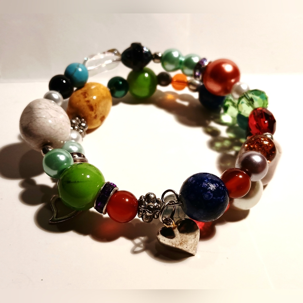 Colorful Beaded Memory Wire Bracelet with Heart Charm